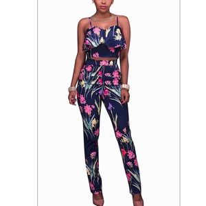 Rose Printed Blue Two-piece Pants Set